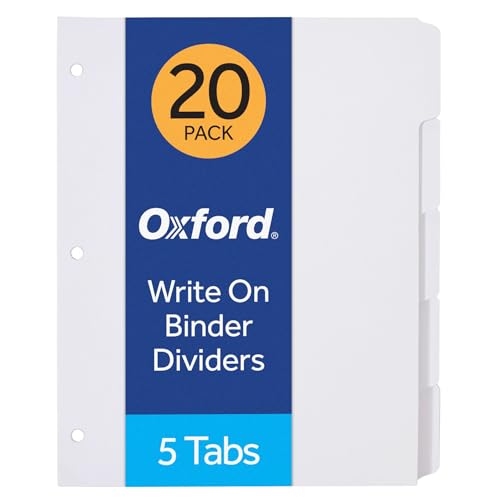 Oxford Blank Write On Binder Dividers, 1/5 Cut Tabs, 3 Hole Punch Dividers in 5 Tab Sets, 100 Dividers, 20 Sets, White (89981)