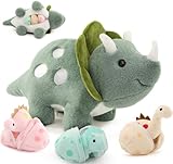 Karister Plush Dinosaur Stuffed Animals,Plush Toy for Girls and Boys,A Mommy Dinosaur with 3 Baby Dinosaurs,Triceratops, Stegosaurus and Diplodocus Gifts for Kids,Small Dino Plushies,17.6 Inch,Green