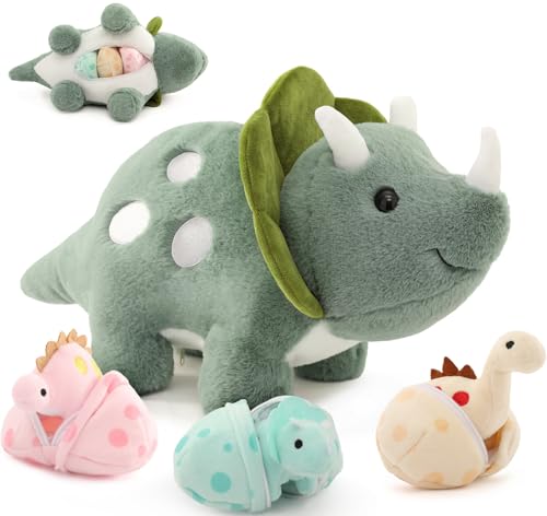 Image of Karister Plush Dinosaur Stuffed Animals,Plush Toy for Girls and Boys,A Mommy Dinosaur with 3 Baby Dinosaurs,Triceratops, Stegosaurus and Diplodocus Gifts for Kids,Small Dino Plushies,17.6 Inch,Green