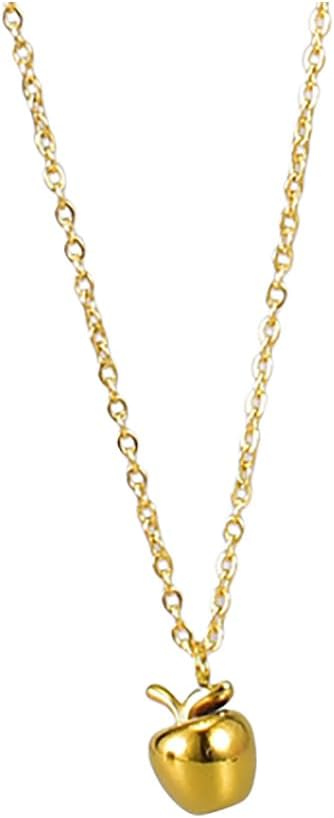 Dainty Gold Apple Pendant Necklace for Women Her 18k Gold Plated Simple Cute 3D Fruit Charm Necklaces Polished Fashion Adjustable Chain Choker Jewelry Mom Wife Daughter BFF