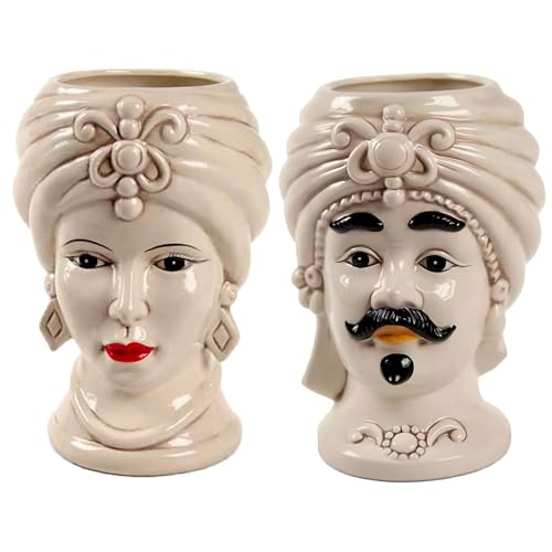 Teste di Moro Coppia Re e Regina Caltagirone, Stile Ceramiche Siciliane, Vaso Testa di Moro in Ceramica 12x18 cm