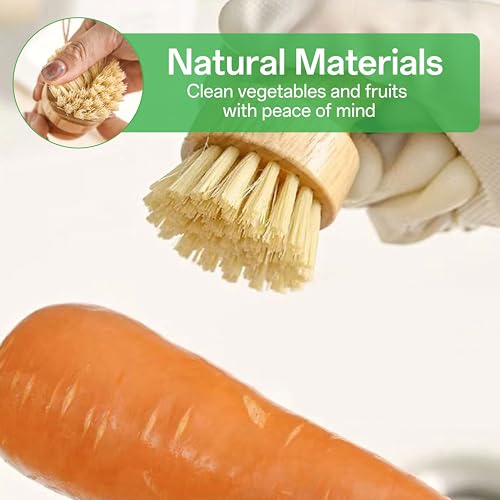 Image of Bamboo Dish Brush Set, Natural Sisal Scrubber for Pots Pans Dishes with Tray, Eco Friendly Kitchen Brush 3 Pack