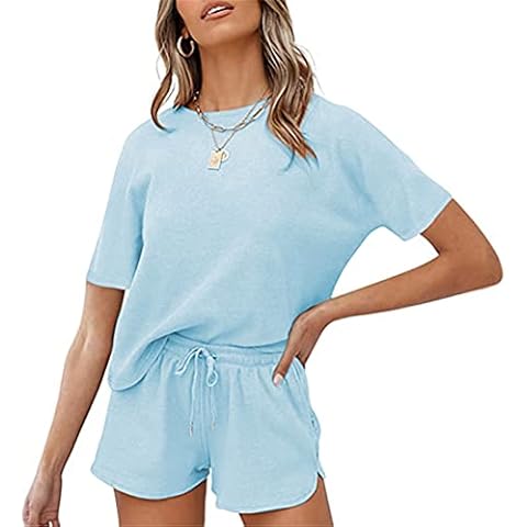 Zesoyne Womens Waffle Knit Pajama Set Short Sleeve Top Shorts Loungewear with Pockets Small Sky Blue Cover