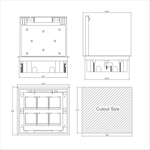 Image of MX 12-Module Plastic Floor Pop-Up Box - Flush Recess Mounting with Plastic Plate Cover, Stainless Steel Reinforcement, 45 Series, Concrete Floor Installation