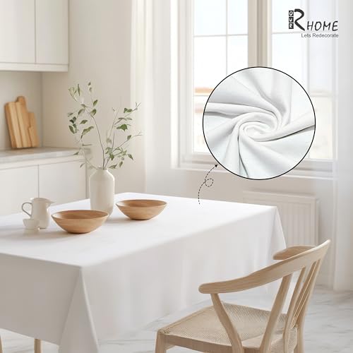 Image of R home 100% Cotton Solid Table Cover | 200 GSM Thick Fabric, Anti-Skid | Machine Washable & Reusable | Ideal for Dining Table & Centre Table, Easy Maintenance (White, 56 x 90 Inch)