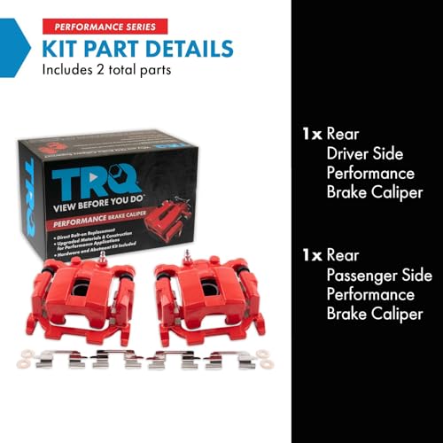 Image of TRQ Rear Brake Caliper Set Painted Red Brackets Compatible with 2011-2022 Infiniti G25 G37 M35h M37 M56 Q40 Q50 Q60 Q70 Q70L QX60 JX35 2009-2023 Nissan 370Z Murano Pathfinder Quest