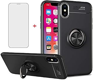 Phone Case for iPhone Xs Max with Tempered Glass Screen Protector Cover Magnetic Stand Ring Holder Accessories Shockproof Silicone iPhonexsmax i Xsmax X Max SX XR 10xs 10s 10 Plus Xmax Men Black