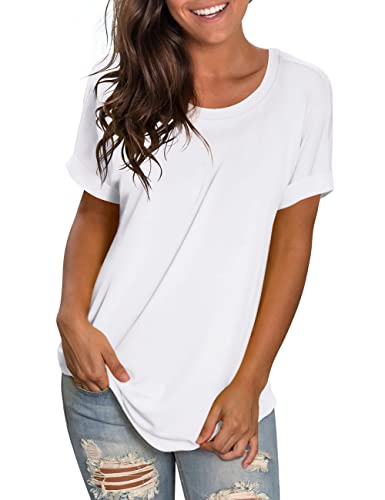 T-Shirts for Women Summer Round Neck Short Sleeves Basic Tops White L