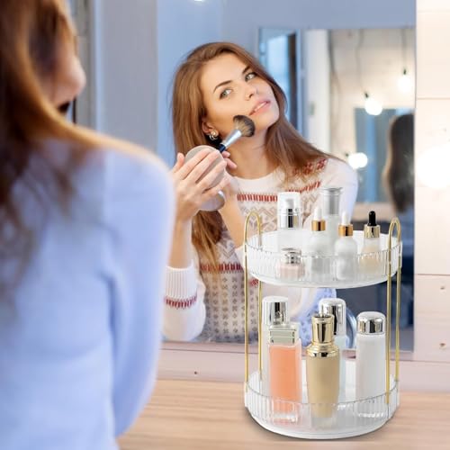 Image of INOVERA (LABEL) 360 Rotation Makeup Organizer for Women, Girls & Bride - Dressing Table Cosmetic Storage Case - Bathroom Vanity Skincare Holder Organiser (2 Tier, Transparent)