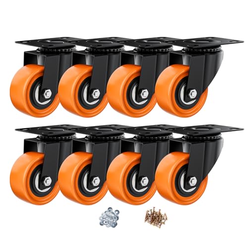 Image of 2 Inch Caster Wheels, Casters Set of 8 Heavy Duty, Orange Polyurethane (PU) Casters, Industrial Swivel Top Plate Castor Wheels for Workbench /Furniture /Cart (Pack of 8)