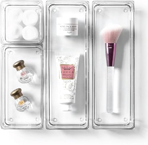 Image of Clear Plastic Drawer Organizers Set, Versatile Bathroom and Vanity Drawer Organizer Trays, Storage Bins for Makeup, Bedroom, Kitchen Gadgets Utensils and Office (4 PC SET)