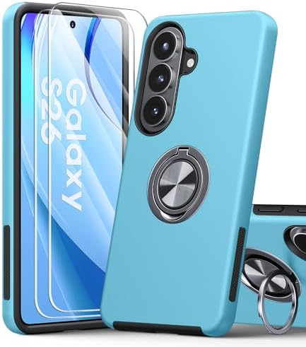 AOUIA für Samsung Galaxy S26 Hülle mit 2 Stück Panzerglas, 3-in-1 Set Schutzhülle, 360°Drehbarer Ring Kickstand, Militärstandard Stoßfest Handyhülle für Samsung S26, Himmelblau