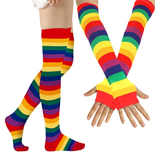 Joyingtwo Over Knee Rainbow Thigh High Socks and Gloves Cosplay Accessories for Women Fashion Wild Long Striped Arm Leg warmers
