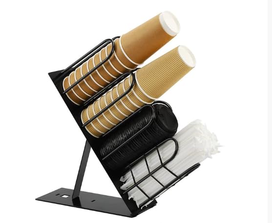 Soporte para tazas y tapas, 4 compartimentos, dispensador de tazas desechable ajustable con pajita, organizador de almacenamiento de vasos para sala de descanso, encimera, estación de café, bar