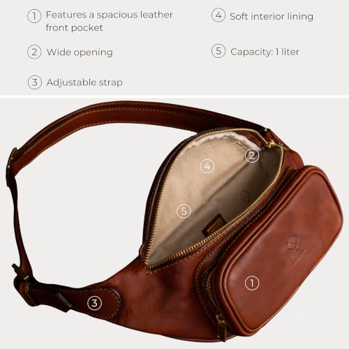 Image of Time Resistance Leather Waist Pack - Belly Bag, Belt Bag, Fanny Pack - Handmade in Italy (Cognac Brown)