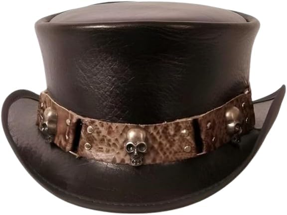 Leather Top Hat Skull Studded Steampunk Gothic Biker Hat Short Brim Cowhide Handmade Cosplay Festival Unisex