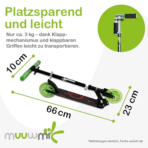 Muuwmi Lights Aluminium Scooter Glow - 145 mm R&auml;der - ABEC 7 Lager - H&ouml;henverstellbarer Lenker - Geeignet f&uuml;r Kinder - GS-Zertifiziert - Bis zu 100 kg - mit Leuchtrollen - Tretroller in gr&uuml;n-schwarz