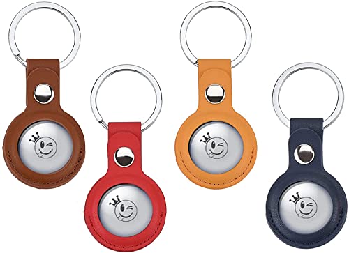 Lot de 4 sacs en cuir avec porte-clés pour AirTags, housse de protection pour clés, sacs, valises et animaux domestiques (rouge, jaune, marron, bleu) Cover