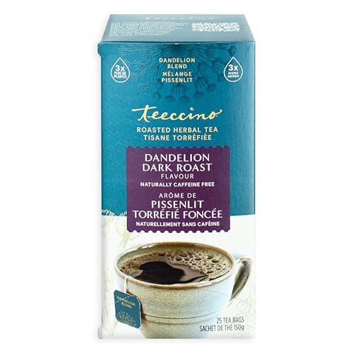 Teeccino Dandelion Herbal Tea - Dark Roast - Caffeine Free, Prebiotic, Gluten Free, 3x More Herbs - 25 Tea Bags