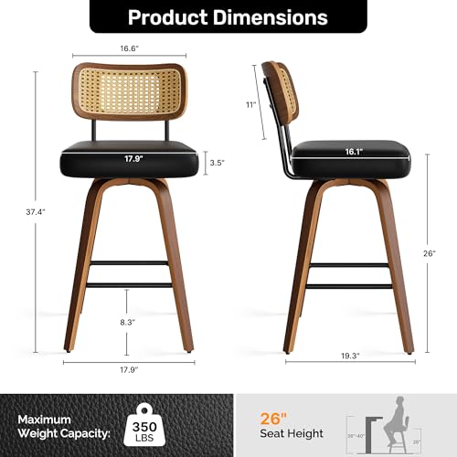 Image of Swivel Bar Stools Set of 5, 26 inch Upholstered Faux Leather Counter Height Barstools with Rattan Back & Bentwood Legs, Mid Century Modern Bar Chairs Island Stools for Kitchen Counter, Black