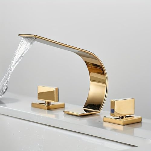 Mélangeur cascade 3 trous doré en laiton pour lavabo salle de bains