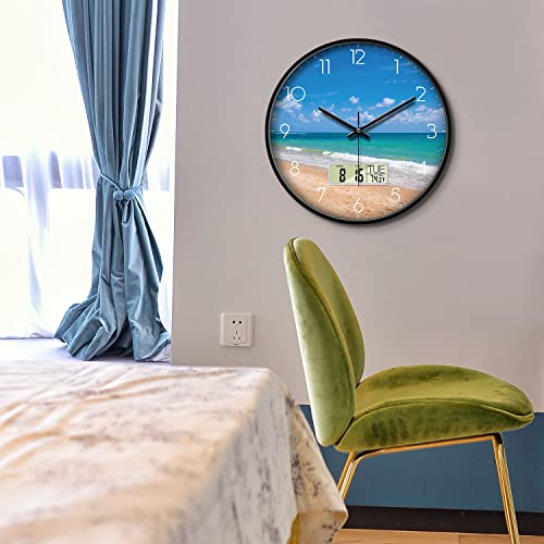 Modern Wall Clocks with Calendar and Date Ocean Wave Sea Beach Digital Clock Large Display Non-ticking Kitchen Silent Clock With Day and Temperature for Elderly Farmhouse Living Room Bathroom 12 Inch - Image 3