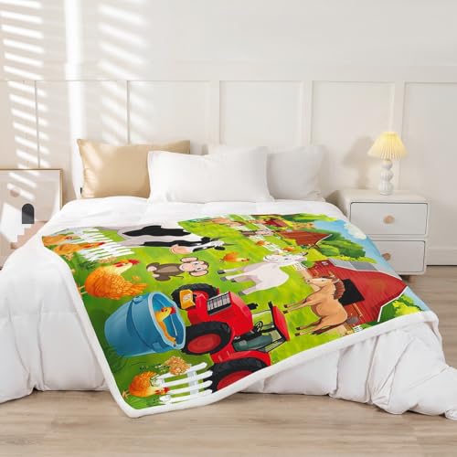 Image of Feelyou Kids Fleece Throw Cartoon Farmhouse Sherpa Blanket Cute Dog Cat Rabbit Cow Plush Country Style Fuzzy 50x60 Inches