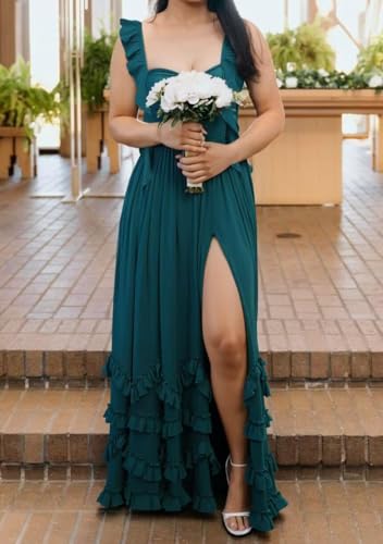 Raseal Chiffon Spaghetti Straps Bridesmaid Dress with Slit Long Ruffle Party Dress for Women RS2254
