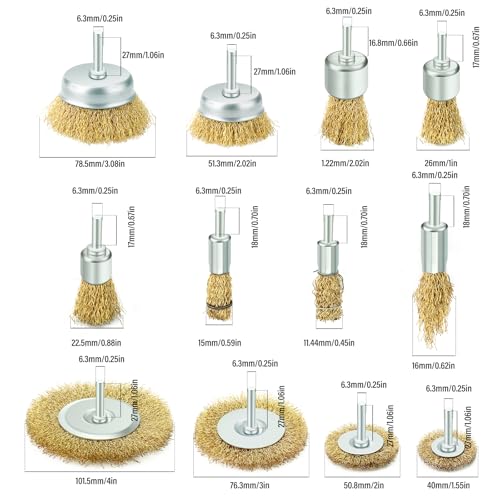 Image of 12Piece Abrasive Brass-Coated Wire Wheel Brush Set, Wire Wheel for 1 /4 inch Drill Shank for Descaling, Deburr, Sanding, Polishing