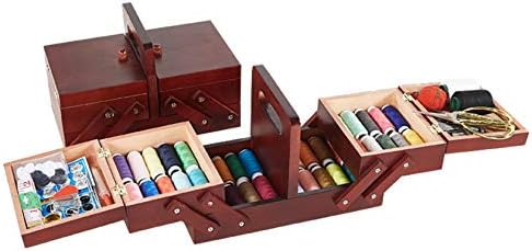 Wooden Sewing Basket,MKNZOME Over 110 Pcs Premium DIY Sewing Supplies Accessories Portable Mini Sewing Kits with Wooden Storage Box for Adults Kids Beginners Traveller and Emergency Clothing Fix