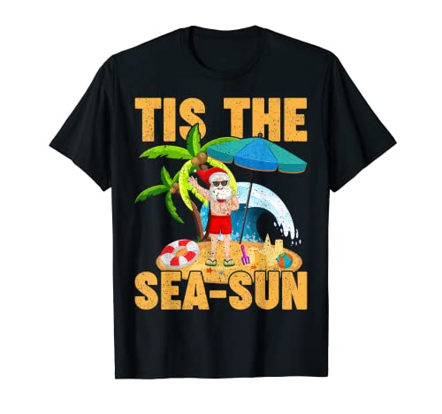 Tis The Sea Sun Santa Beach Vacation Christmas In July T-Shirt