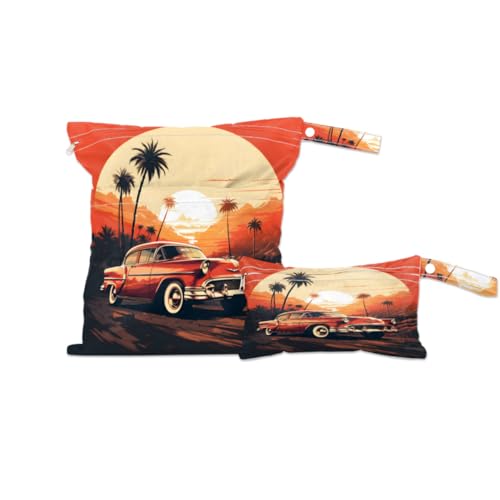 2 Pack Wet Bags for Swimsuits, Coastal Beach Truck Waterproof Washable Dirty Clothes Bag Watercolor Truck Wet Dry Bag with Zipper Pocket Bathing Suit Workout Bag Wet Swimsuit Bag for Travel Beach