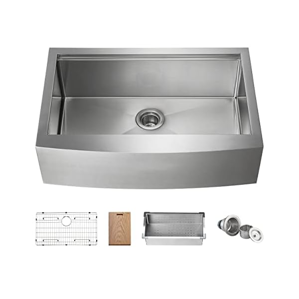 KIBI K1-SF33T Single Bowl Stainless Steel Farmhouse Kitchen Workstation Sink Apron Front 33 inch with Bottom Grid, Strainer, Solid Oak Cutting Board and Colander | 10" Deep Bowl | 3.5" Drain Opening