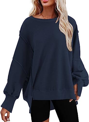 SHEWIN Fall Outfits for Women 2025 Casual Lightweight Womens Crewneck Sweatshirt Long Sleeve Womens Tops Oversized Sweatshirt for Women A Blue X-Large