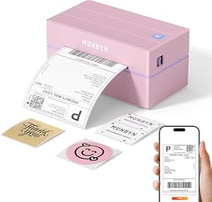 MUNBYN Shipping Label Printer Bluetooth, Postage Thermal Label Printer 4x6 for Business, Compatible with Etsy, Shopify, eBay, Amazon, Royal Mail, DHL, DPD, Evri, with 25 Labels, 130B, Pink