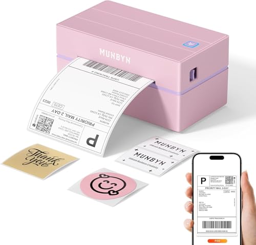 Drukarka Etykiet MUNBYN DHL (Bluetooth), Drukarka Etykiet Wysyłkowych 4x6, Termiczna Drukarka Etykiet dla Shopify, Zalando, Allegro, Etsy, DPD, UPS, w Zestawie 25 Etykiet, ITPP130B (Różowa)