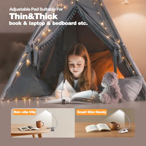 Image of VAVOFO Rechargeable Book Light for Reading in Bed Kids, 7 LED Reading Light with 9-Level Warm Cool White Daylight, Eye Care Lamp with Power Indicator for Bookworms (Champagne Gold)