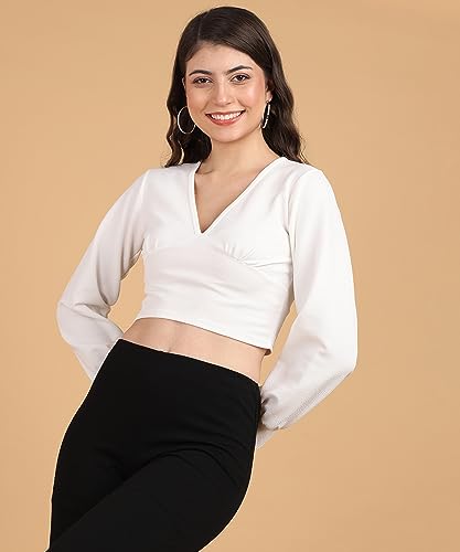 Image of POPWINGS Women Casual Self Design Rust Deep V Neck Full Sleeve Crop Top | Women Tops | Women Regular Tops | Women Tops | Women Stylish Tops