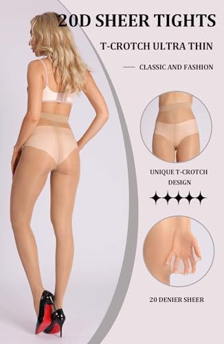 Image of MERYLURE 20D Sheer Black Tights for Women, T-Crotch Ultra Thin Pantyhose High Waist Stockings Reinforced Toes 2 Pairs
