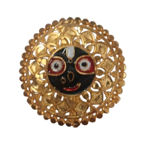 Image of Vintage Gold Tone Metal Brooch, Ornate Circular Design, Prabhu Jagannath Meenakari work(Enameled Work) Victorian Style Costume Jewelry Pin, Decorative Filigree Pattern