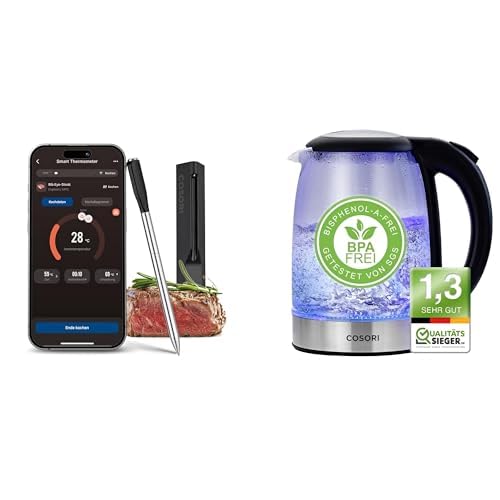 COSORI Erstes Smartes Fleischthermometer + COSORI Wasserkocher Glas mit Upgrade Edelstahl Filter und Innendeckel