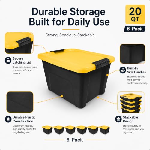 Image of Storage Bins 20 Qt Stackable with Lids 6 Pack for Garage Closet | Durable Plastic with Side Handles - Lightweight and easy to carry. Ideal for garage, basement, closet, and office.