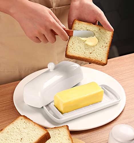 Nucookery Porcelain Butter Dishes with Lid and Handle for Countertop and Kitchen, 8inch Large Ceramic Dish with Raised Non-Slip Strip Easy to Clean Dishwasher Safe. White