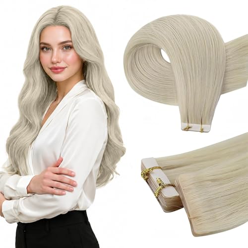 Image of Full Shine Blonde Hair Extensions, 1000 White Blonde, 16 Inch, 20G, 10 Pcs, Injected Tape in Extensions, Virgin Human Hair, Seamless Skin Weft, Coastal, Date Night, Soft Glam