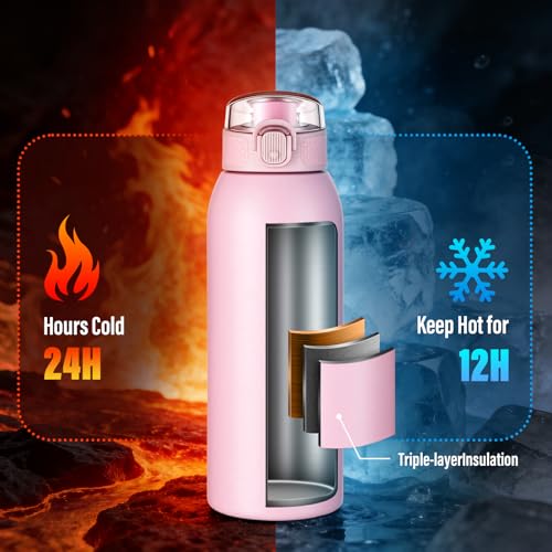 Image of Insulated Water Bottle 18 oz with Dustproof Lid, Carry Handle & Tea Infuser, BPA-Free & Leakproof, Stainless Steel Water Bottles Ideal for Fitness, Hiking, Office & Outdoor Use (Water Pink)