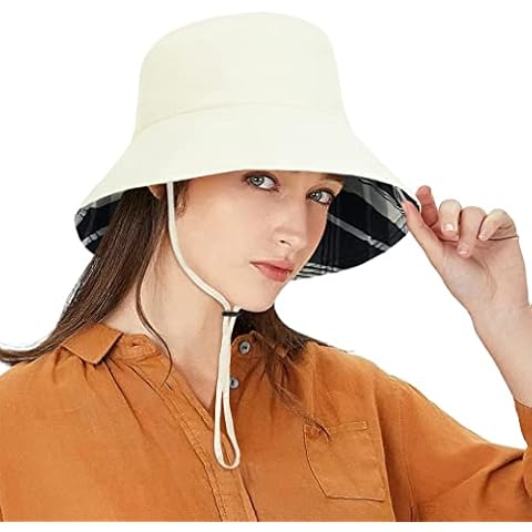 DOCILA Plaid Tartan Bucket Hats for Women Vintage Rollable Fisherman Sun Cap, H-beige, One Size Cover