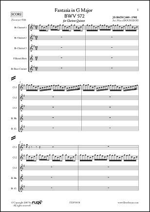 Partition Bach BWV 572 Fantaisie en Sol Majeur pour quintette de clarinettes