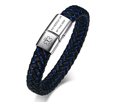 VNOX Medical Alert ID NO Needle OR BP This ARM Blue&Black Braided Leather Stainless Steel Magnetic Cuff Bracelet