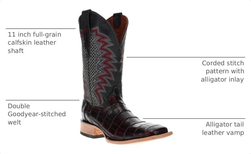 Image of Vaccari Men's Navarro Genuine Alligator Tail Leather Broad Square Toe Cowboy Boots