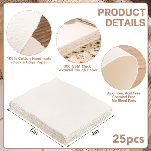 Image of Prudiut 25 Sheets Cotton Watercolor Paper, 300 GSM, 4 x 6 inch, White, Textured, Deckled Edge, Ideal for Watercolors, Wedding Invitations, Cards, Crafts